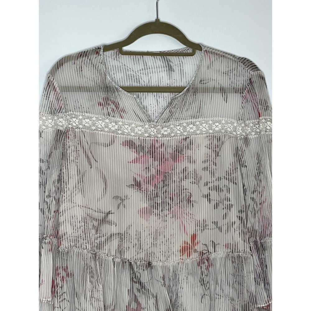 Elie Tahari 100% SIlk Floral Pattern Lace Details Bell‎ Sleeve Shamra Blouse L - Picture 2 of 10